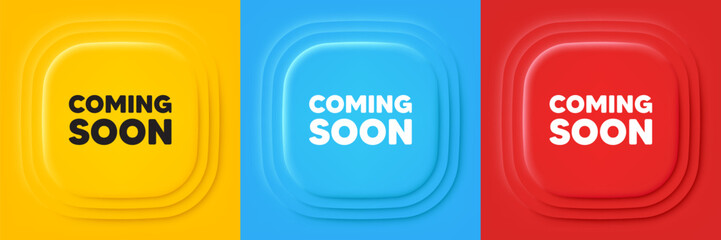 Coming soon tag. Neumorphic offer banners. Promotion banner sign. New product release symbol. Coming soon podium background. Product infographics. Vector