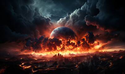 Apocalyptic vision of earth with explosive impact causing fiery destruction and clouds of smoke - obrazy, fototapety, plakaty