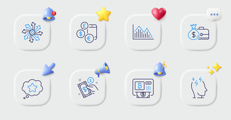 Loyalty star, Bitcoin atm and Currency rate line icons. Buttons with 3d bell, chat speech, cursor. Pack of Stress, Payment method, Salary icon. Investment graph, Versatile pictogram. Vector