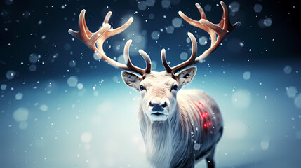 Obraz na płótnie Canvas Red-nosed reindeer in the snow, festive background