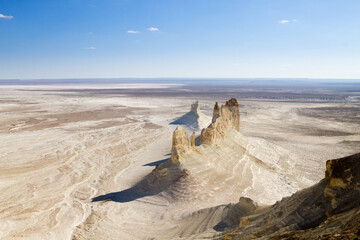 Bozzhira valley pinnacles aerial view, Mangystau region, Kazakhstan. Ak Orpa pinnacles