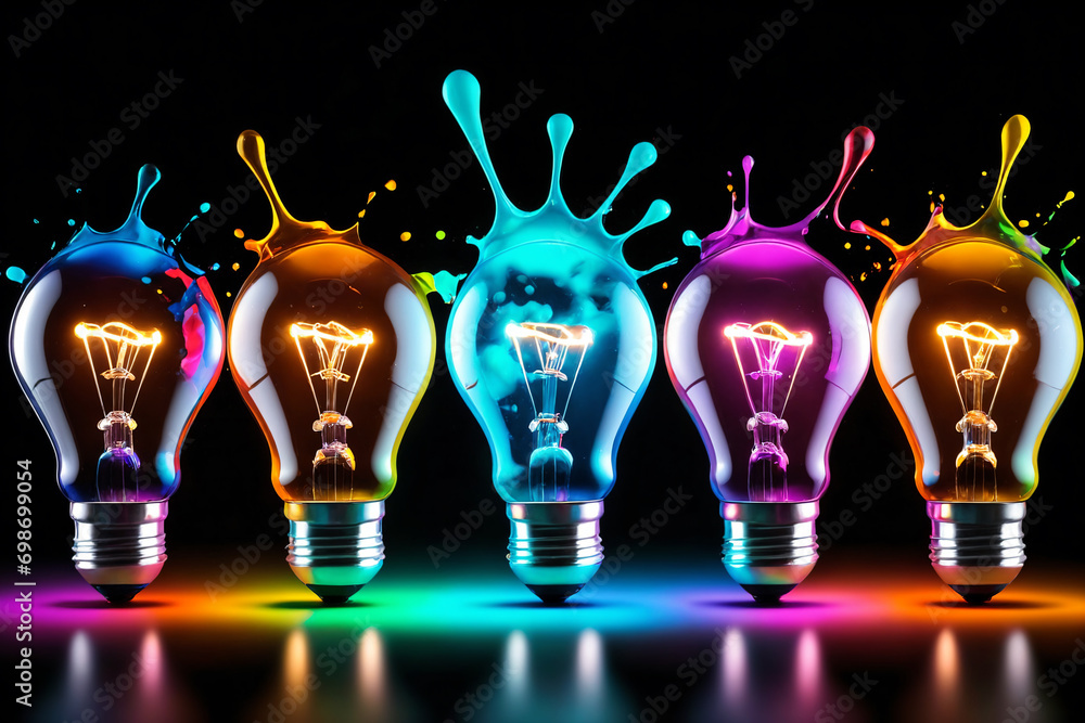 Poster Glowing lightbulb with colorful splashes on dark background