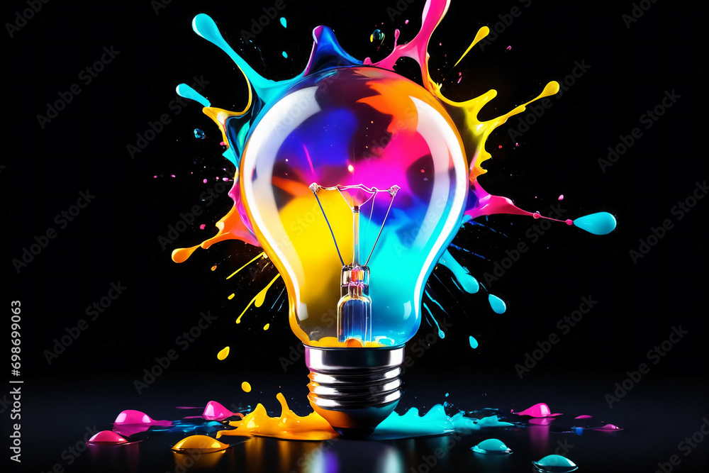 Poster glowing lightbulb with colorful splashes on dark background