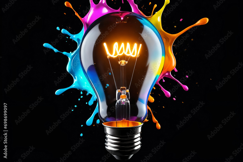 Poster Glowing lightbulb with colorful splashes on dark background