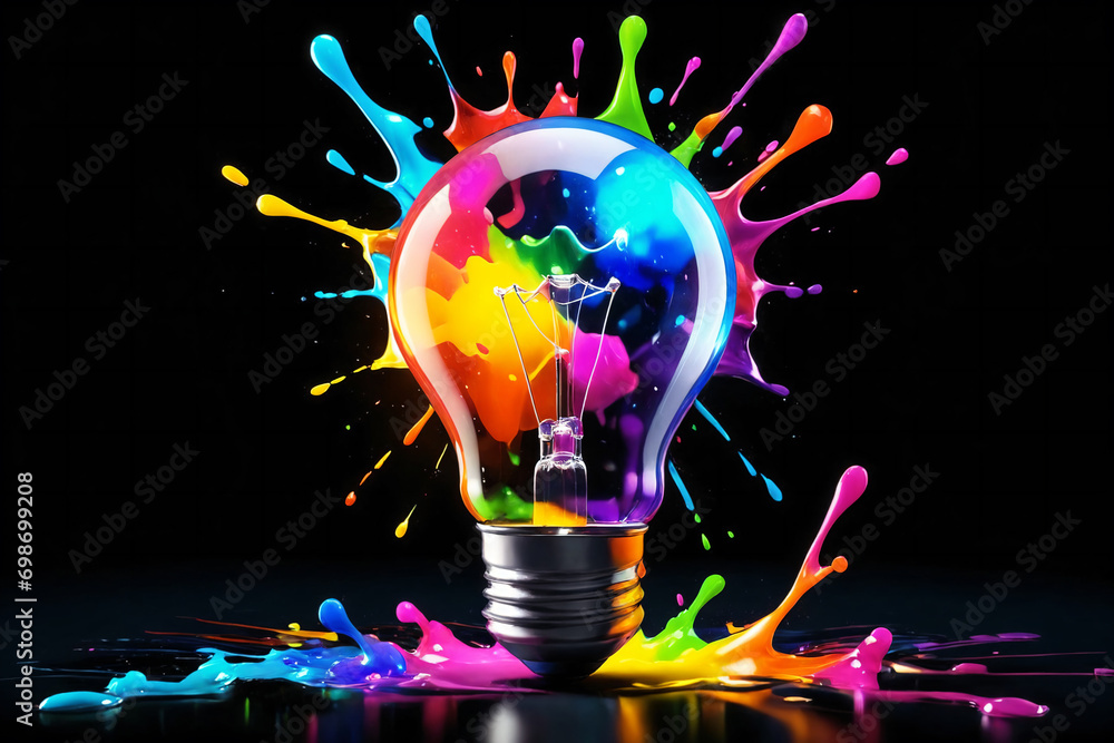 Poster Glowing lightbulb with colorful splashes on dark background