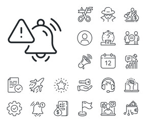 Alarm reminder sign. Salaryman, gender equality and alert bell outline icons. Attention bell line icon. Notification message symbol. Attention bell line sign. Spy or profile placeholder icon. Vector