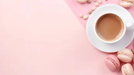 Keuken spatwand met foto Coffee, macaron cake, blank notebook on pink table top view. Women's desktop. Cozy breakfast. © Anna