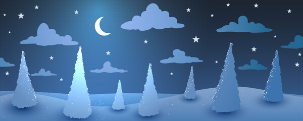 Vector illustration. Night town winter landscape. Trees, snowdrifts and moon. - 698699275