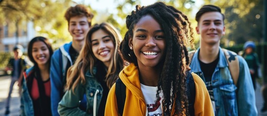 Diverse high school students having fun on campus, laughing and posing for the camera.