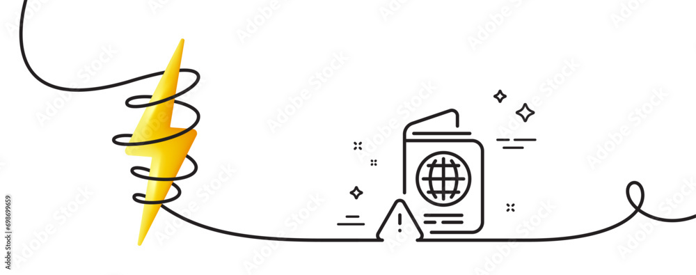 Poster passport warning line icon. continuous one line with curl. attention triangle sign. citizenship docu