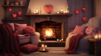 Romantic valentine's day fireplace ambiance with cozy decor - obrazy, fototapety, plakaty
