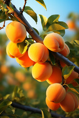 Ripe apricot on a tree branch with green leaves