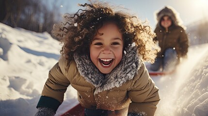 Kids joyfully slide down hills on sleds in a snowy mountain at sunset