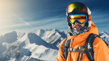 Fototapeta na wymiar Portrait of a happy, smiling male snowboarder against the backdrop of snow-capped mountains at a ski resort, during vacation and winter holidays.