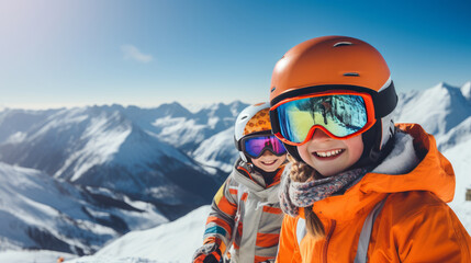 Portrait of a happy, smiling children snowboarder against the backdrop of snow-capped mountains at a ski resort, during the winter holidays.