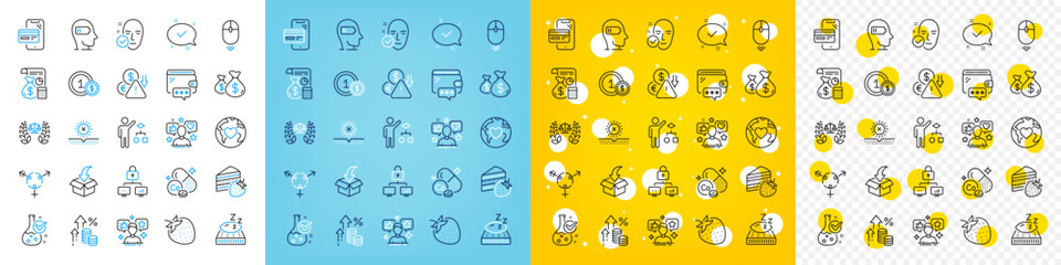 Vector icons set of Wallet, Genders and Algorithm line icons pack for web with No sun, Inflation, Accounting outline icon. Cobalt mineral, Mattress, Chemistry lab pictogram. Usd coins. Vector