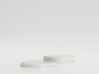 Empty silver marble podium or pedestal display on white background with cylinder stand concept. Blank product shelf standing backdrop. 3D rendering.