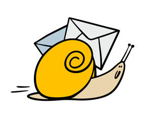 Snail crawls and carries letters. The postman and correspondence. Vector illustration of an insect from the delivery service going to the post office or to the recipient to hand over an envelope.