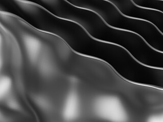 Glossy wavy metal shaped wall background. 3D Rendering