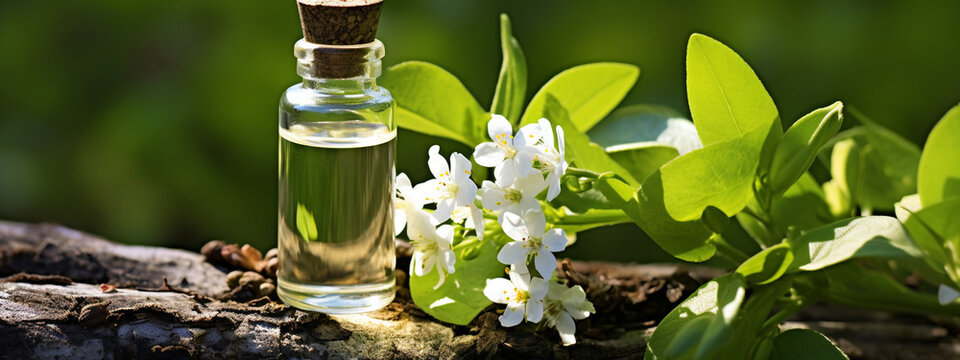 Styrax essential oil in a bottle on a wooden background