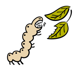 Voracious hungry caterpillar opened its mouth and attacked green leaves. Insect pest eats grass and trees in the garden. Flat vector illustration cartoon isolated on white background.