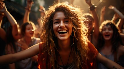 cheerful blonde with long hair smiling in a jubilant crowd - obrazy, fototapety, plakaty