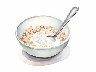 Minimalistic Watercolor Illustration of a Bowl of Cereal with Milk and a Spoon AI Generated