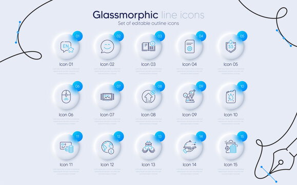 Set of File settings, Canister and Smile chat line icons for web app. Card, Internet, Image carousel icons. Ph neutral, English, Microscope signs. Seo shopping, Ship, Loan percent. Vector