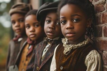 Portrait of African American children in retro clothes celebrating Black History Month, - obrazy, fototapety, plakaty