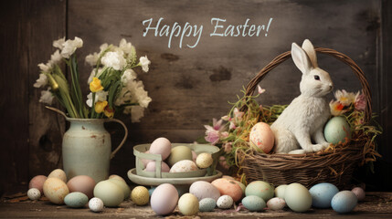 Easter Bunny in Easter Basket With Easter Eggs & Flowers & A Rustic Vase