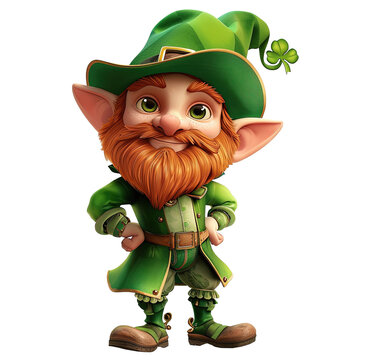 Peque&ntilde;o duende de dibujos animados con el traje y sombrero tipico del d&iacute;a de San Patricio en Irlanda sobre fondo transparente
