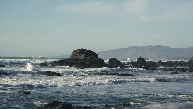 California coastline near bodega bay with waves hitting rocks 