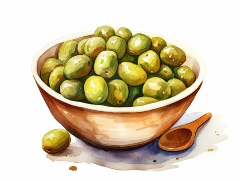 Minimalistic Watercolor Illustration of a Bowl of Pitted Olives on a Kitchen Counter AI Generated