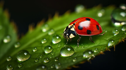 Fototapeta premium A red ladybug with black spots is the focal point, detailed and vibrant on a leaf. The leaf is a bright green, with a slightly jagged edge and scattered dew drops.