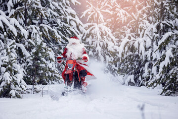 Delivery service Santa Claus on snowmobile motorcycle through snow background forest. Concept fast delivering gifts for Christmas and New Year holiday