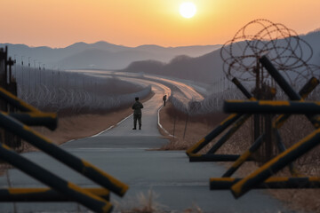 Border of South Kore and North Korea. Border with barbed wire on fence. Human rights in North Korea. Border guard, Military man guarding Border. Guard troops working with the Customs. military troop. - obrazy, fototapety, plakaty