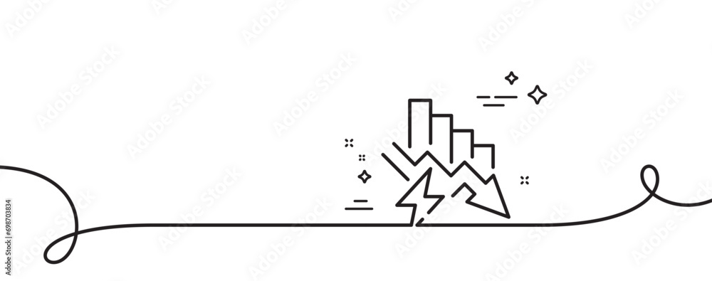 Poster saving electricity line icon. continuous one line with curl. electric power down trend sign. reduce 