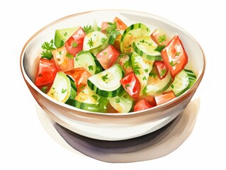 Minimalistic Watercolor Illustration of a Bowl of Tomato and Cucumber Israeli Salad AI Generated