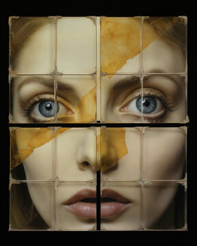 Generative AI-created image of a woman&rsquo;s face artistically divided into squares with a translucent paper overlay, adding depth and emotion.