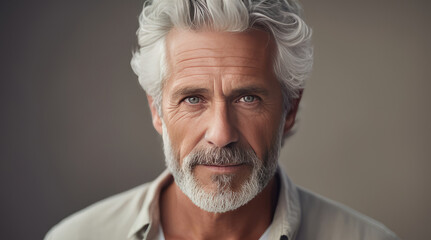 Elegant smiling elderly Caucasian man with gray hair with perfect skin, on a creamy beige background, banner. - Powered by Adobe
