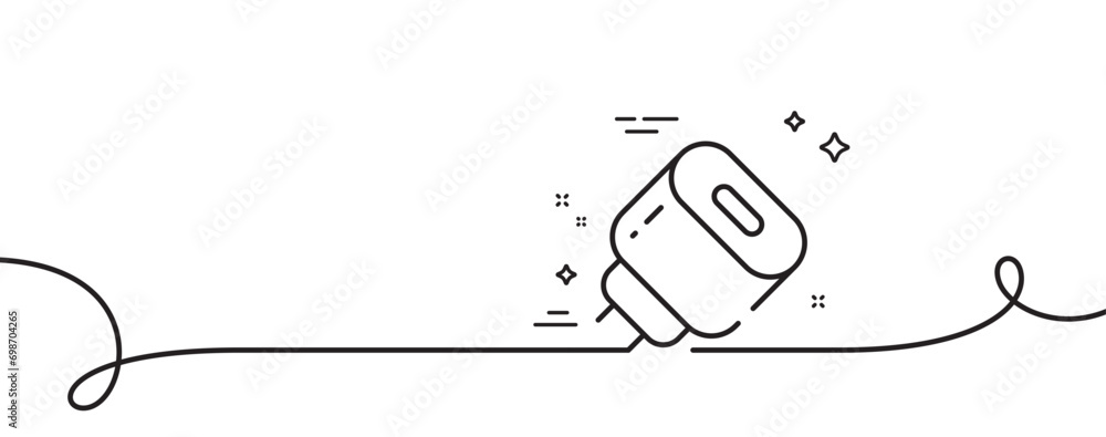 Poster charging adapter line icon. continuous one line with curl. mobile accessories sign. charging plug sy