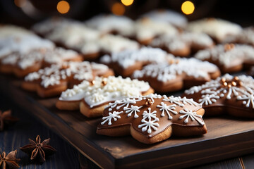 Delicious ginger cookies for Christmas and New Year, homemade baked goods.