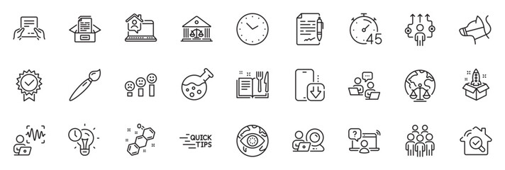 Icons pack as Dog leash, Court building and Timer line icons for app include Business way, Receive file, Chemistry lab outline thin icon web set. Certificate, Magistrates court. Vector