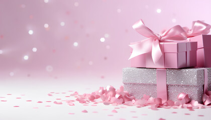 Fototapeta premium Pink gift box ribbon and bow, sparkling confetti on pink blurred background for digital web banner. Celebration birthday, Valentine's day, Christmas, wedding concept of discounts with space for text