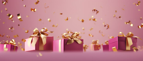 Pink gift box gold ribbon and bow, sparkling confetti on pink background for digital web banner. Celebration birthday, Valentine's day, Christmas, wedding concept of discounts with space for text