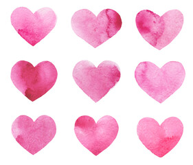 Set of watercolor hand drawn hearts on transparent background 