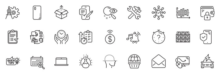 Fototapeta na wymiar Icons pack as Education idea, Approved checklist and Phone insurance line icons for app include Computer mouse, Laptop, Boxes shelf outline thin icon web set. Mail, Medical calendar. Vector