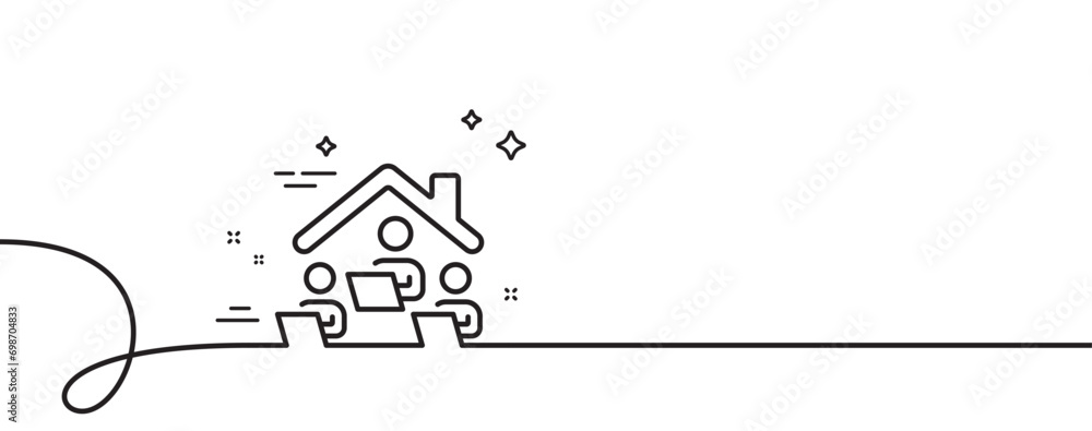 Poster work at home line icon. continuous one line with curl. teamwork sign. remote office symbol. work hom