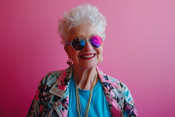 Groovy Grandma: 80s Dance Attire and Sunglasses on Pink


