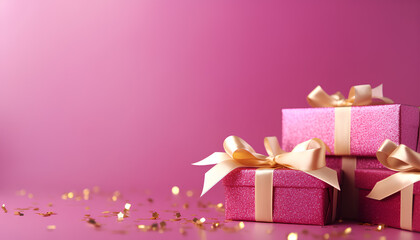 Fototapeta premium Pink gift box gold ribbon and bow, sparkling confetti on pink background for digital web banner. Celebration birthday, Valentine's day, Christmas, wedding concept of discounts with space for text